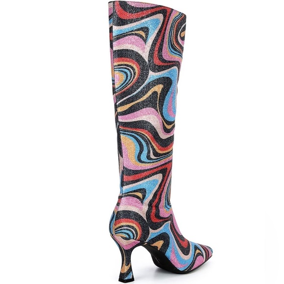 Gianni Bini Cat-Walk Glitter Snip Toe Colorful Swirl Pattern Knee-High Boots NWT - Picture 4 of 16